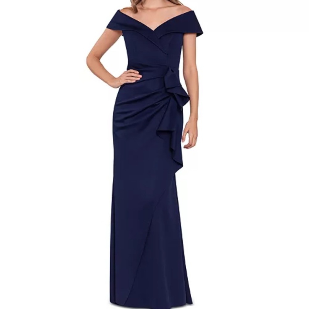 Xscape Blue Scuba Off-Shoulder Ruched Maxi Gown, sz 8